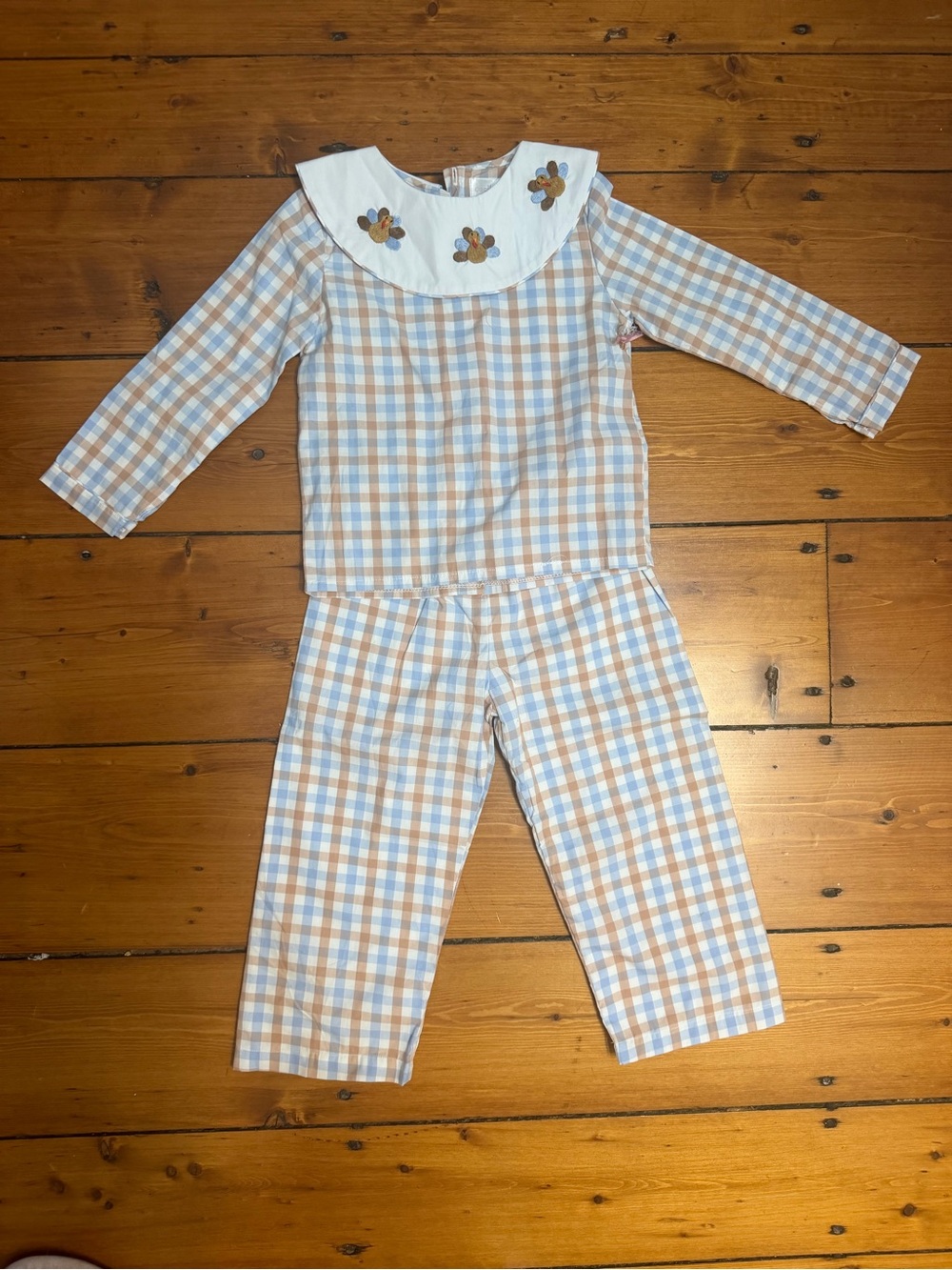 Kids Blue and Tan Plaid Pajama Set with White Embroidered Collar